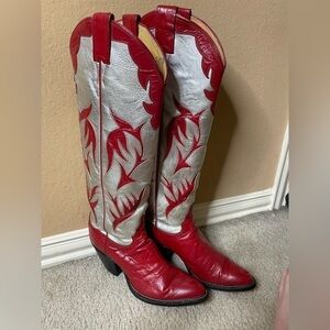 Vintage Justin Women Cowboy Boots Inlay Red / Silver Leather 6.5 A​​​​​​​​​​​​​​